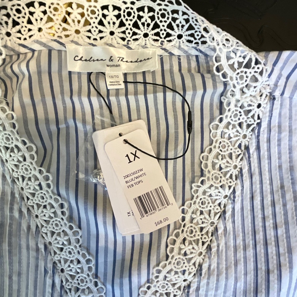 Chelsea & Theodore Woman Blue White Striped Lace Trim Tunic Top 1X Cottagecore - Picture 7 of 11
